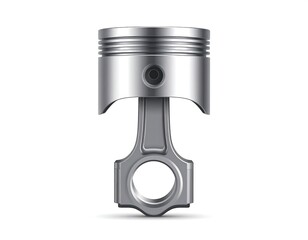 Detailed illustration of a metallic piston and connecting rod, isolated on white