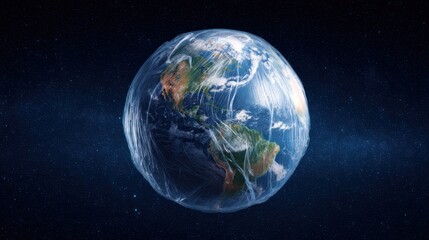 Naklejka premium Planet Earth wrapped in plastic floating in outer space as a symbol of global plastic pollution and climate crisis