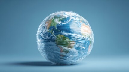 Fototapeta premium Planet Earth wrapped in plastic film symbol of global plastic pollution and environmental crisis