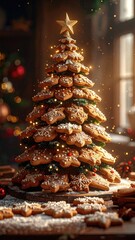 Festive Brown Cookie Christmas Tree with Golden Star Topper Holiday Concept