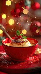 Festive Christmas Cake with Red Ribbon Cinematic HDR Festive Food Photography Glowing Warm Light