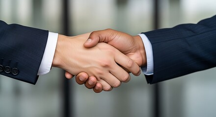Two diverse businessmen in formal suits shaking hands to finalize a successful partnership deal, symbolizing trust and corporate agreement