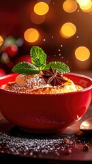 Festive Christmas Cake Topped with Anise Mint and Powdered Sugar in Red Bowl with Glowing Bokeh Lights Warm Cinematic Food Photography