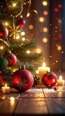Festive Christmas Tree with Red Ornaments and Candlelight on Rustic Wood Table