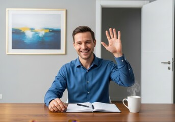Friendly man waving hello from his desk during a virtual meeting or video call presentation