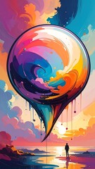 Abstract colorful spiral floating above solitary figure and seaside sunset