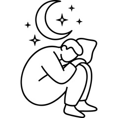 Illustration of a person struggling with insomnia, depicted with a crescent moon and stars overhead