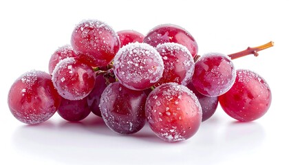 A cluster of glistening, round red grapes dusted with what appears to be frost on a white background
