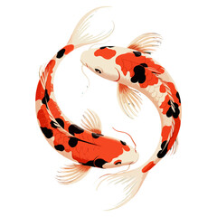 Koi fish pair circling, red and white markings, traditional aquatic symbol, harmony and balance theme, refined decorative illustration