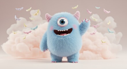 Chubby one-eyed monster waving happily, surrounded by tiny bats in pastel colors