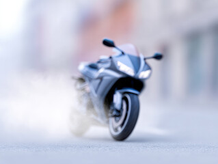 Soft smoke trail from sportbike in blurred city street early morning with dynamic motion and speed