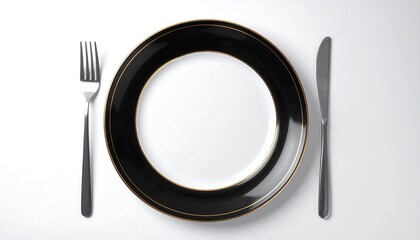 Overhead view of a pristine, empty dining set with a black-rimmed plate centered between a fork and knife on a white backdrop