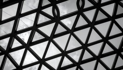 Geometric architectural detail featuring triangular glass panes framed by dark support beams, with sky visible through the windows. Monochrome
