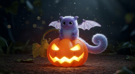 Small monster with dragon wings and fuzzy tail, sitting on a glowing pumpkin