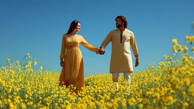 Indian man and woman lovers couple walking on a flower field