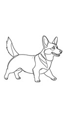 Line drawing of a short-legged dog, viewed from the side, walking