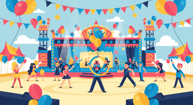 Lively Outdoor Festival Scene with Stage, Dancing People, Colorful Balloons, and Festive Bunting Illustration.