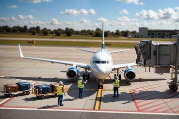 Ground Crew Preparing Aircraft for Departure at Busy Airport Terminal