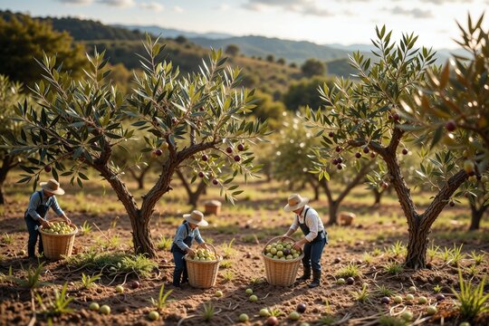 Miniature Harvesting Scene in Olive Orchard with Figurines