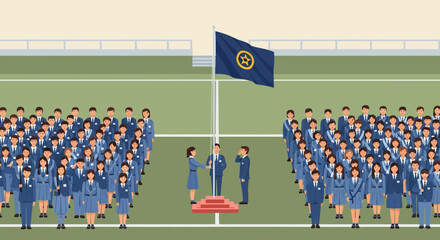 Official ceremony with uniformed personnel, flag, and formal gathering on a field. Public service event illustration.