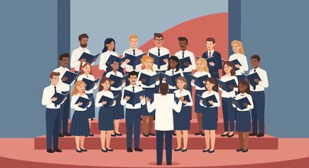 Diverse Choir Performing Live on Stage with Conductor. Group of Singers Holding Music Sheets and Singing Together.