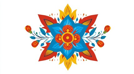 Vibrant symmetrical floral design featuring a central blue star, radiating red and orange petals, and adorned with yellow accents and green leaves in a folk art style.