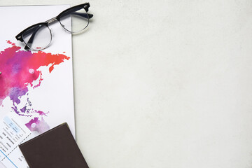 World map with eyeglasses and passport on white grunge background. Itinerary concept