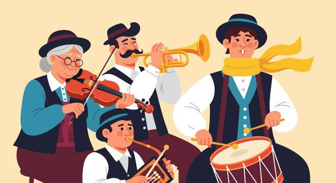 Happy Folk Music Ensemble Playing Traditional Instruments - Vector Illustration