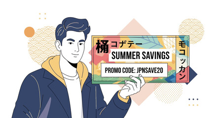 Trendy man holding summer savings promo code ticket, abstract Japanese pattern background illustration