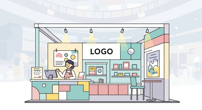 Modern Trade Show Booth with Female Attendant. Business Exhibition Stand Vector Illustration for Marketing Event.