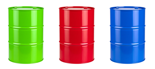 green, red and blue oil barrel isolated on white background