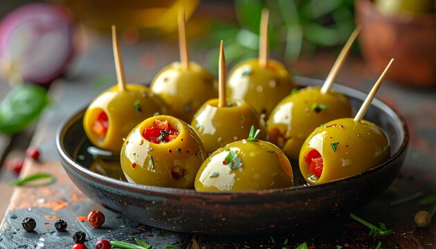 Appetizing close-up of green olives stuffed with red bell peppers, served on a dark plate. Garnished with herbs