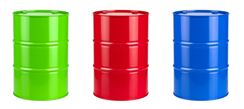 green, red and blue oil barrel isolated on white background