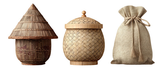 Isolated Decorative Baskets and Bags on Transparent Background
