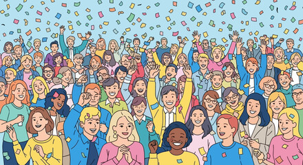 Vibrant illustration of a diverse, happy crowd celebrating with confetti, community success and joy