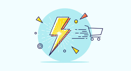 Lightning fast e-commerce delivery concept. Quick online shopping cart icon with speed lines and power bolt.