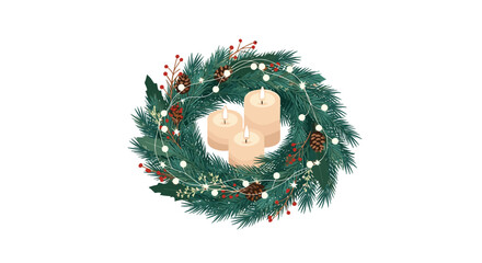 A beautifully decorated advent wreath with three lit candles surrounded by pine needles and berries.