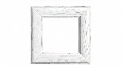 A weathered, white wooden square picture frame, empty, centered on a white background