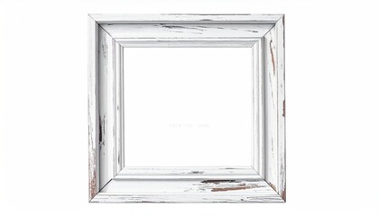 A weathered, white-painted square picture frame with empty space