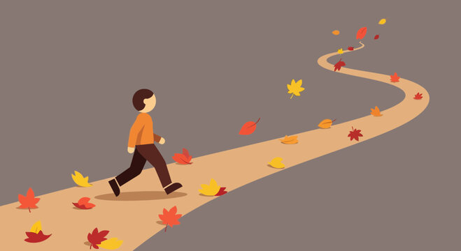 Minimalist person walking on winding autumn path with vibrant fall leaves. Seasonal journey and progress concept.