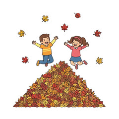 Fototapeta premium Two happy children jumping in a large pile of colorful autumn leaves on a white background with a joyful atmosphere.