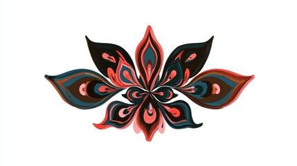 An abstract, symmetrical floral ornament with intricate patterns in dark, muted shades of red, black, and teal on a white background.