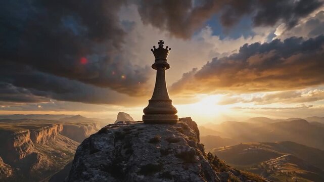 Black chess queen piece standing on mountain peak at sunset with dramatic clouds and sun rays. Strategy and leadership concept. Design for poster, wallpaper, banner, header