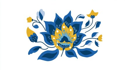 Blue and yellow floral vector with a butterfly on a leaf design and a flower icon isolated on a white background