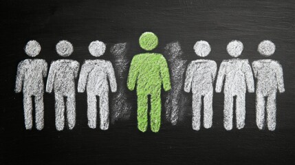 Chalkboard image depicts a line of stick figures, one green, the others white. Emphasizes distinction and uniqueness