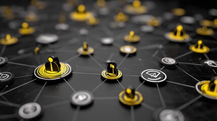 Networked figures, interconnected by lines, representing digital connections. Yellow accents highlight key points. Depth of field