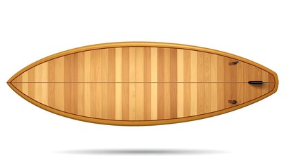 Overhead view of a wooden surfboard with a light brown and tan striped grain pattern, two small fins, and a shadow