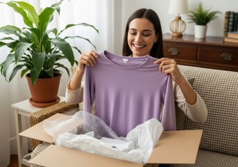 Happy woman unboxing new lavender turtleneck sweater from online fashion retailer delivered to home