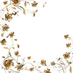 Elegant golden floral border with delicate blossoms and swirling vines on white background