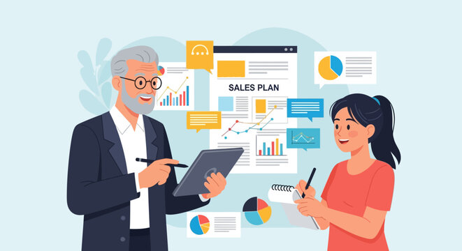 Sales Plan Review: Business Collaboration Vector
